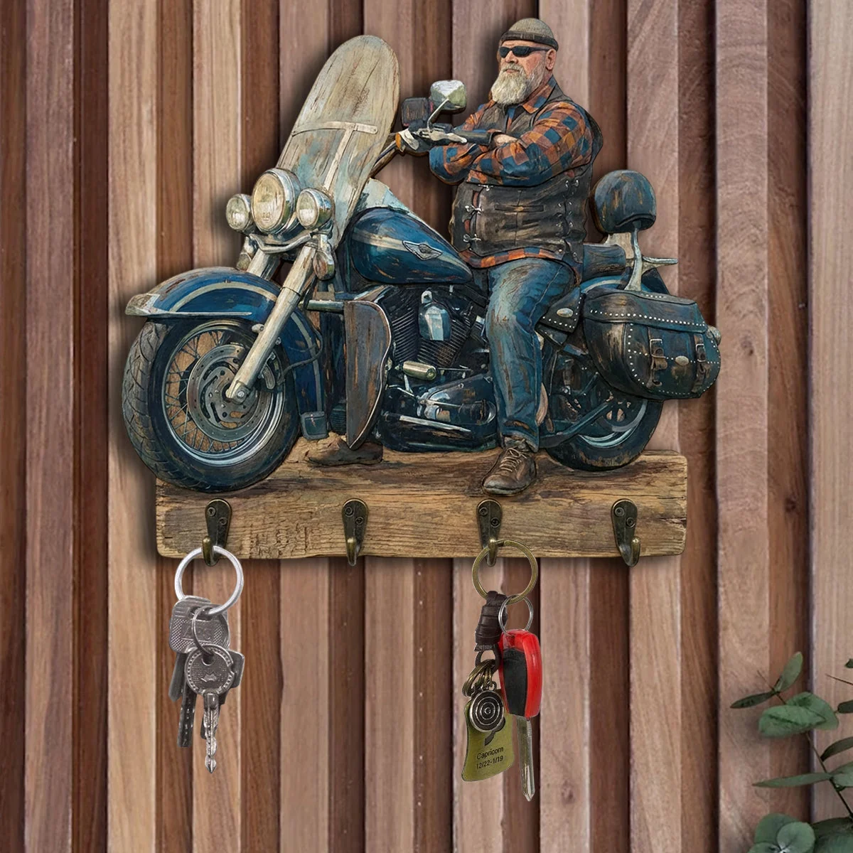 Personalized Photo Biker Wooden Key Holder, Custom Motorcycle Rider Wall Key Hook, Custom Photo Wall Decor, Unique Gift For Biker