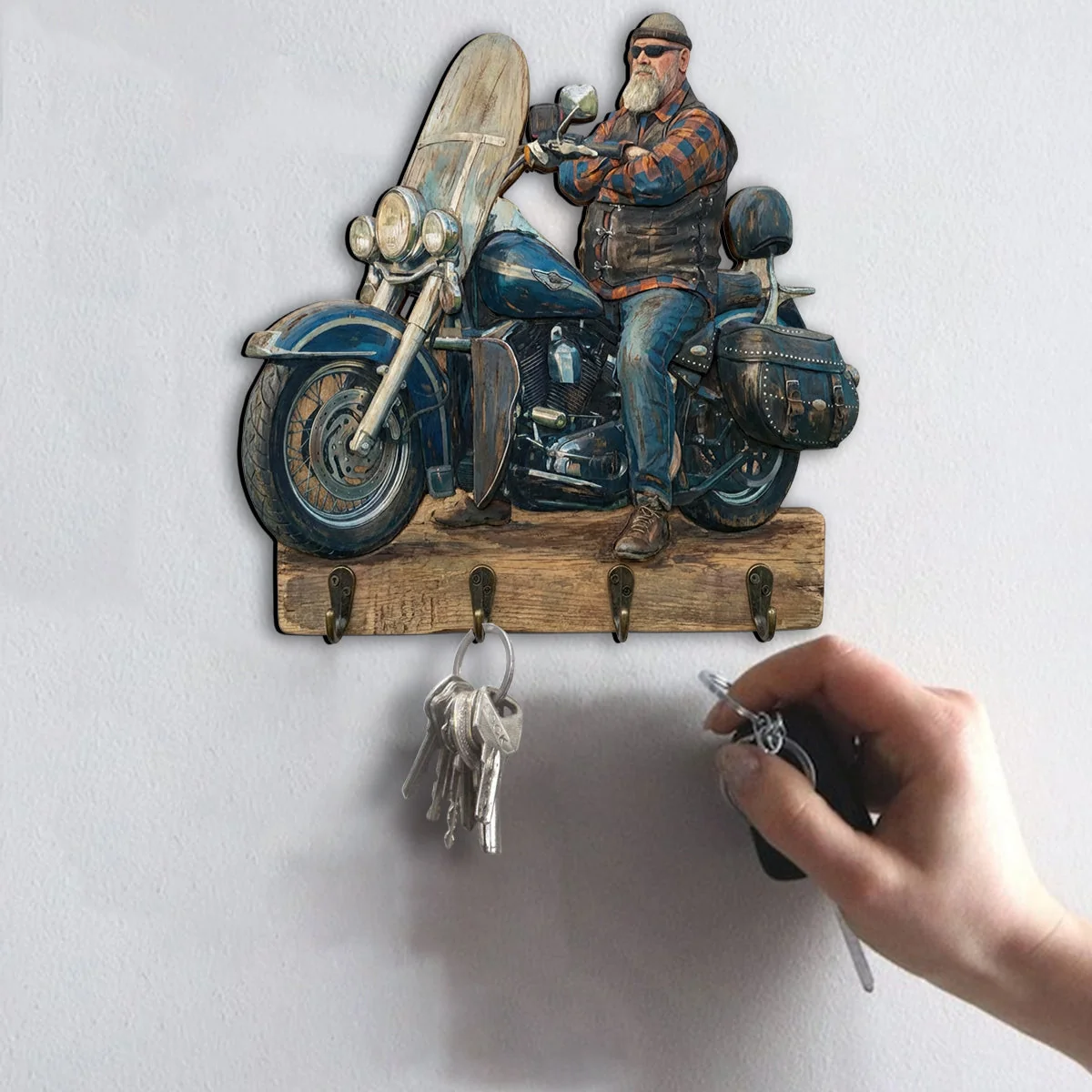 Personalized Photo Biker Wooden Key Holder, Custom Motorcycle Rider Wall Key Hook, Custom Photo Wall Decor, Unique Gift For Biker