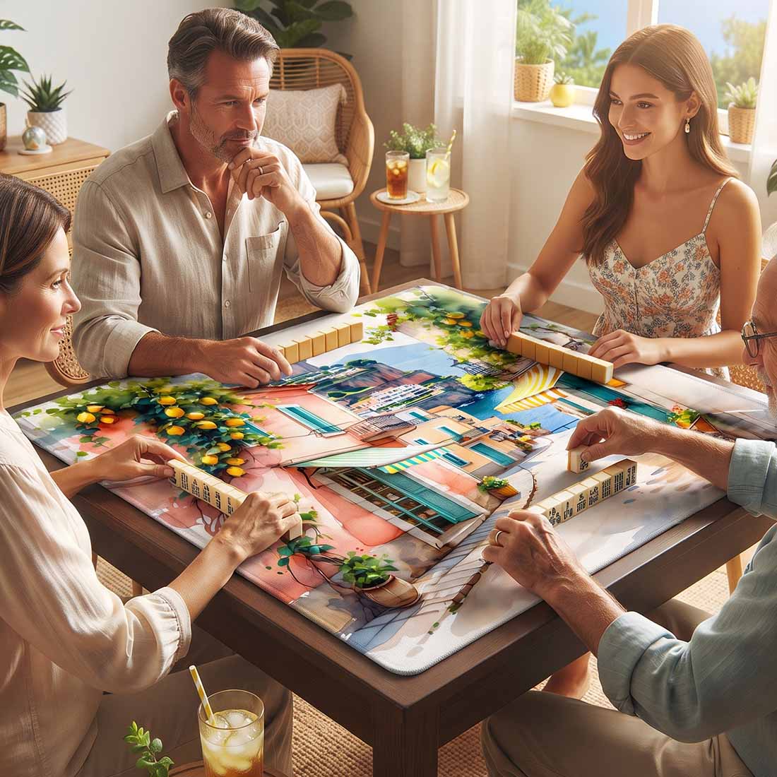 Italy Amalfi Coast Mahjong Table Mat Positano Village & Lemon Tree Art Beautiful Gift for Game Night Lovers