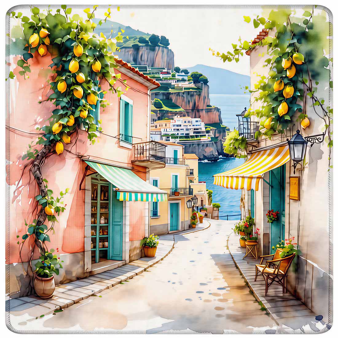 Italy Amalfi Coast Mahjong Table Mat Positano Village & Lemon Tree Art Beautiful Gift for Game Night Lovers