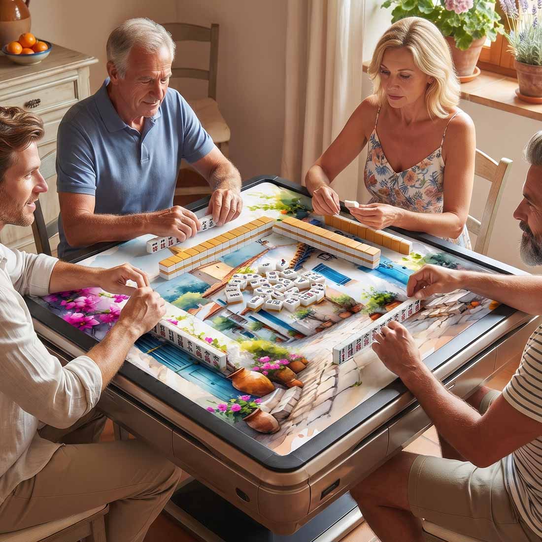Spanish Village Watercolor Mahjong Mat Andalusia White Town & Bougainvillea Non-Slip Square Game Table Pad