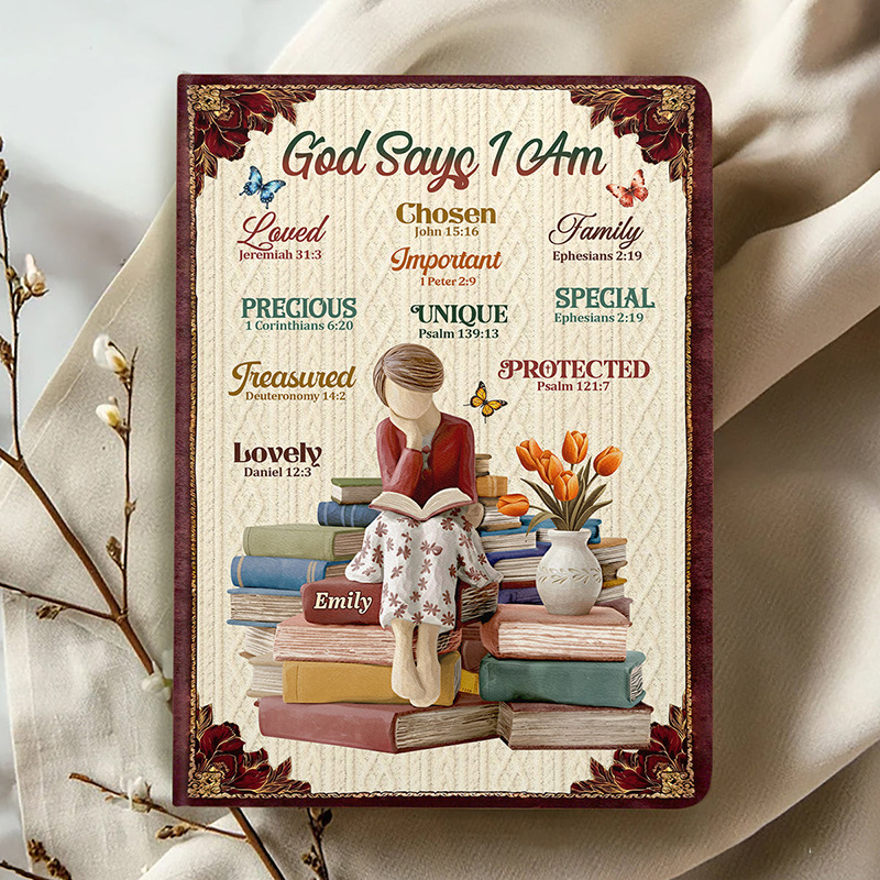 Personalized God Says I Am Leather Cover Notebook with Custom Name and Birth Flower Biblical Affirmations Journal Religious Christian Gift for Women