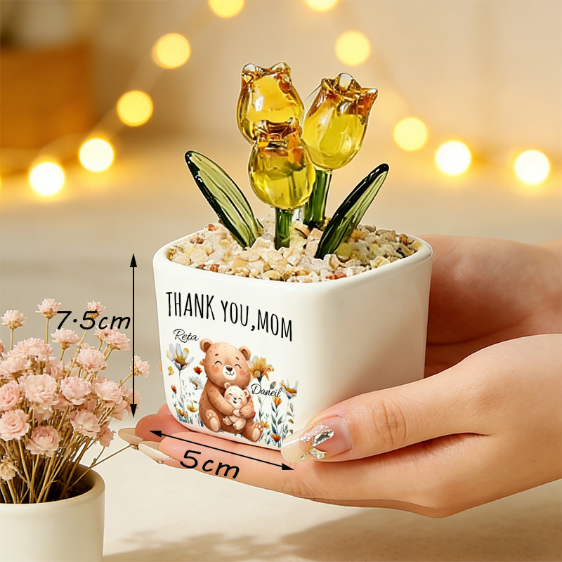 Personalized Glass Everlasting Tulips Mom Flower Gifts with Birth Month Floral Custom Hand Blown Glass Potted Mothers Day Gifts