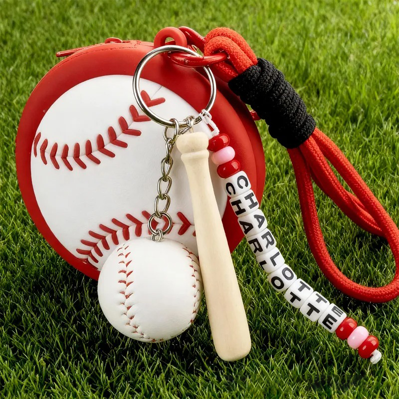 Personalized name keychain with beads, tennis ball charms, racket and ball charms, waterproof silicone storage pouch for headphones, gift for tennis lovers