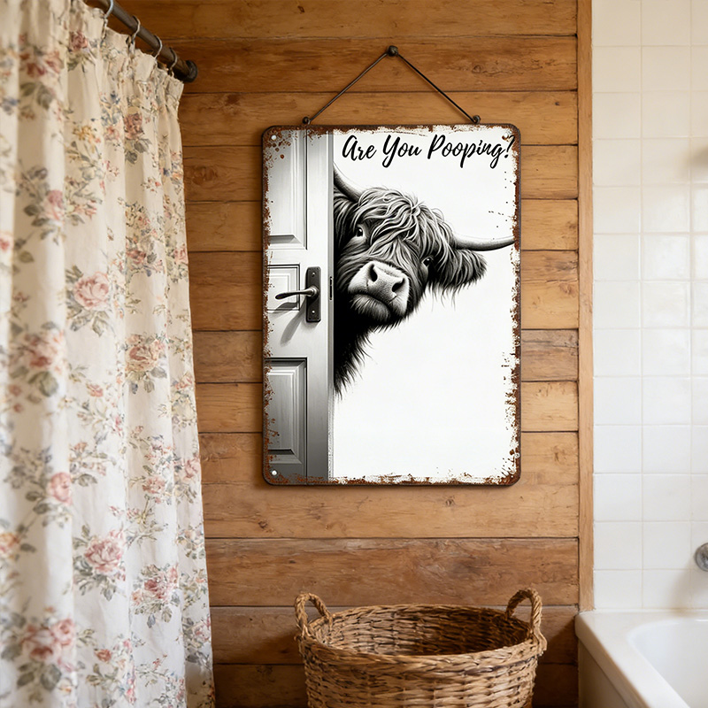 Vintage Highland Cow Metal Sign, Funny Bathroom Wall Art with Quote