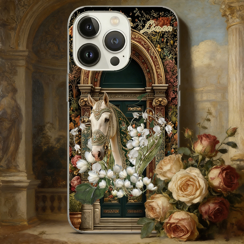 Personalized Vintage Birth Flower Horse Garden Gate Portable Kindle Case Phone Case with Name Daily Use Birthday Gift for Riding Lovers Equestrian Lovers Unique Style Phone Cases