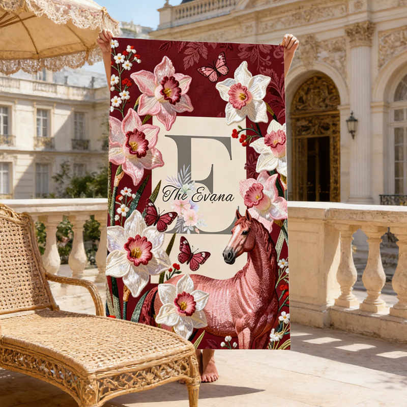 Personalized Monogram Equestrian Floral Horse Quick-Dry Microfiber Beach Towel Beach Party Birthday Gift for Equestrian Lovers