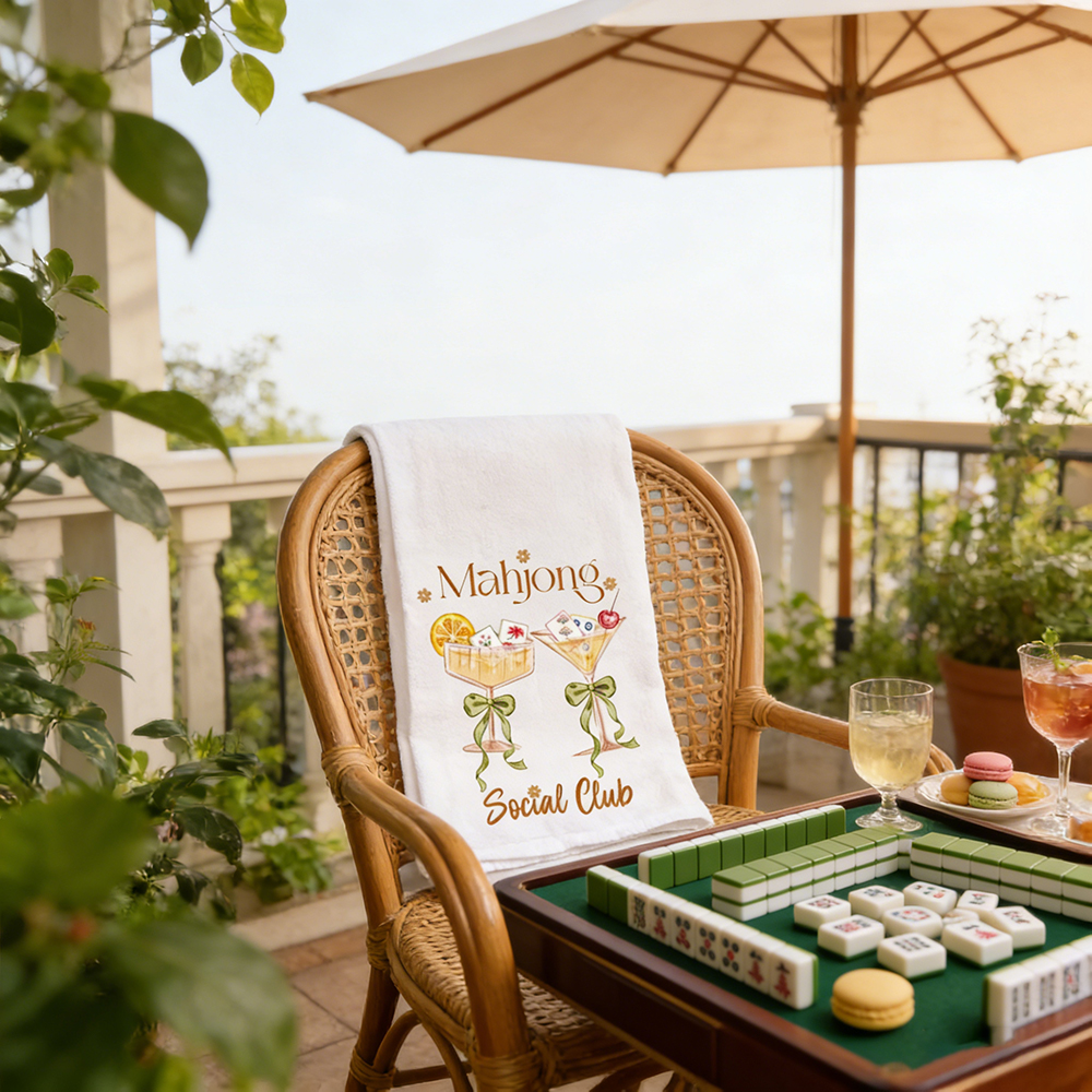 Mahjong Social Club Tea Towel – Cute Cocktail Mahjong Design Perfect for Your Kitchen or Game Night Decor