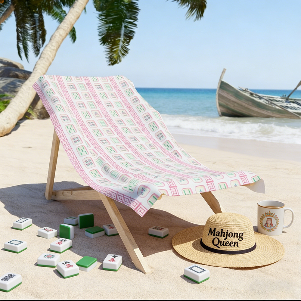 Mahjong Beach Towel – Soft Pink Mahjong Tile Design for Mahjong Queens, Perfect Gift for Game Nights, Birthdays & Holidays