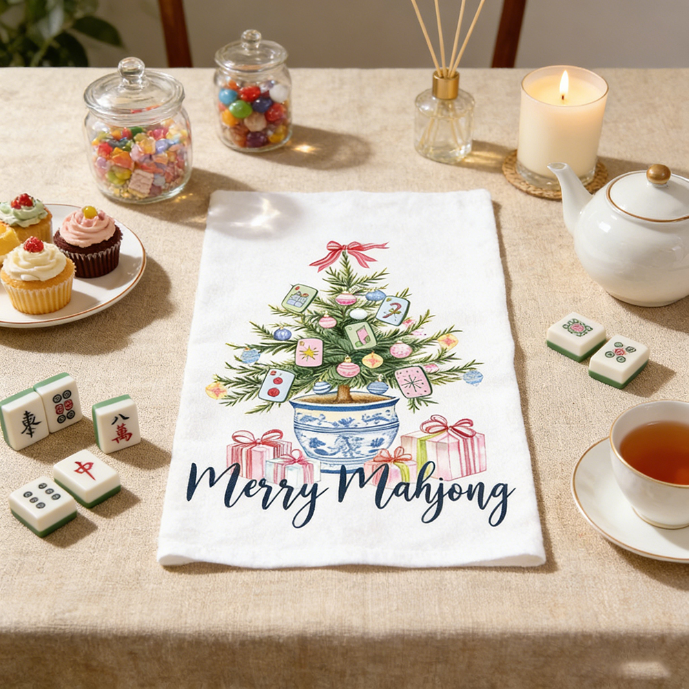 Mahjong Party Tea Towel Merry Mahjong Kitchen Decor Mahjong Theme Hand Towel for Tea Time or Game Night Gift