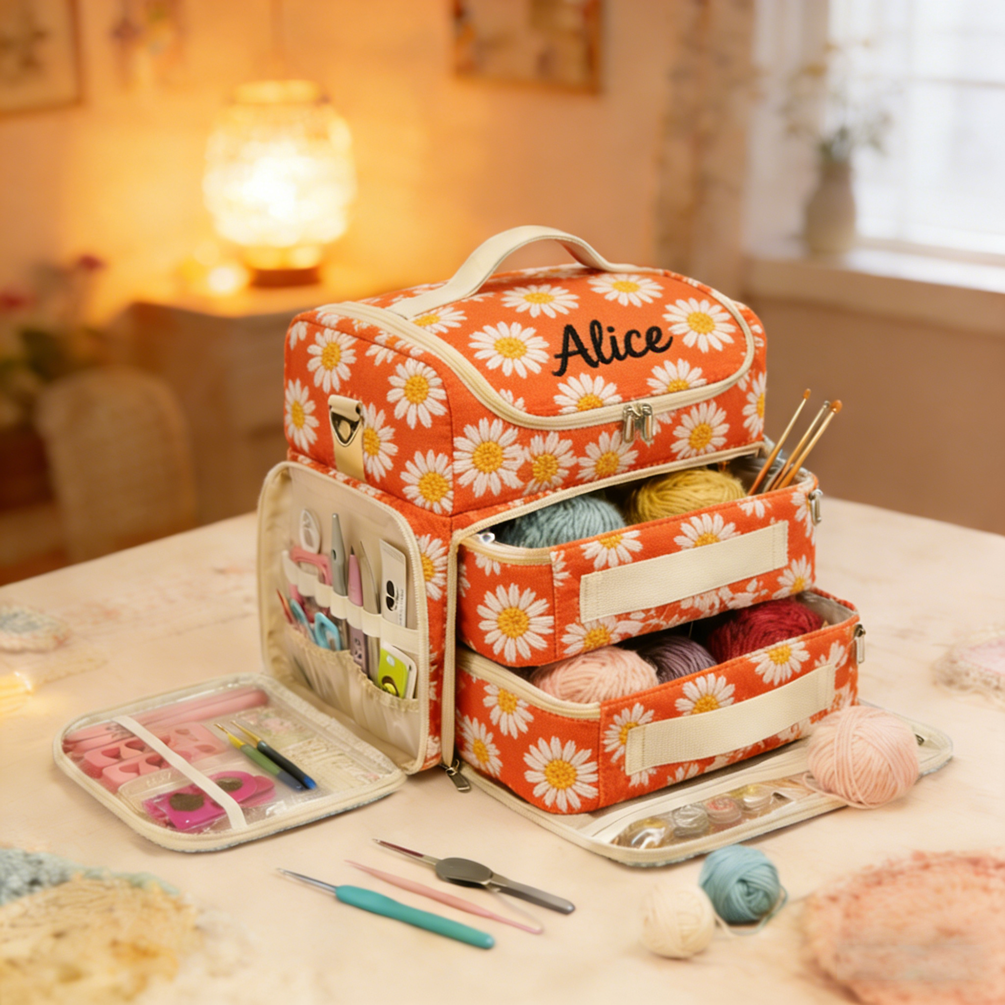 Personalized Large Capacity Floral Crochet & Knitting Bag with Multiple Compartments - Portable Yarn Storage Organizer for Craft Supplies
