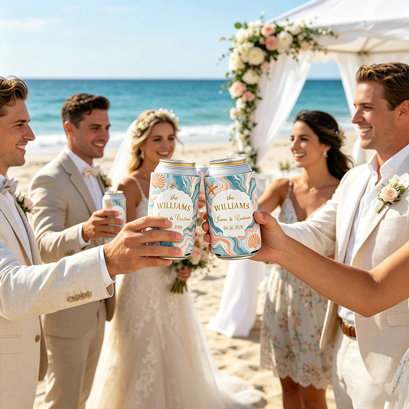 Personalized Ocean Theme Striped Beer Can Cooler Sleeve with Name Title and Date Wedding Party Gift for Newlyweds