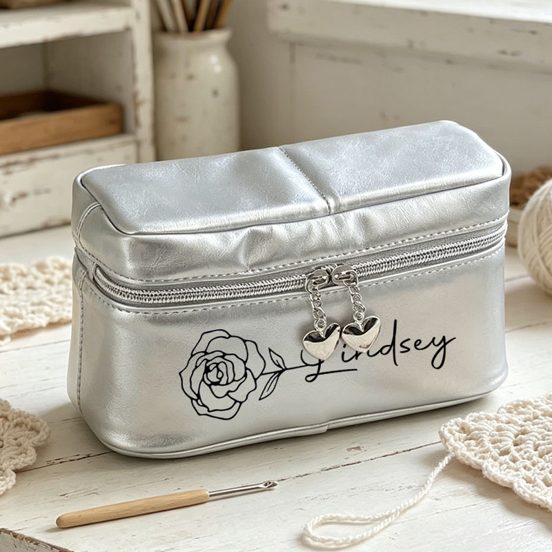 Personalized Crochet Tool Bag Custom Name with Birthday Flowers Leather Crochet Tool Bag Crochet Tool Case Crochet Tool Box  Crochet Gift