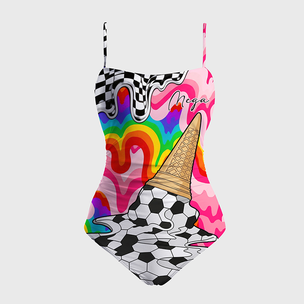 Personalized Women’s Rainbow Soccer Ice Cream One-Piece Swimsuit – Colorful Football Print Bathing Suit