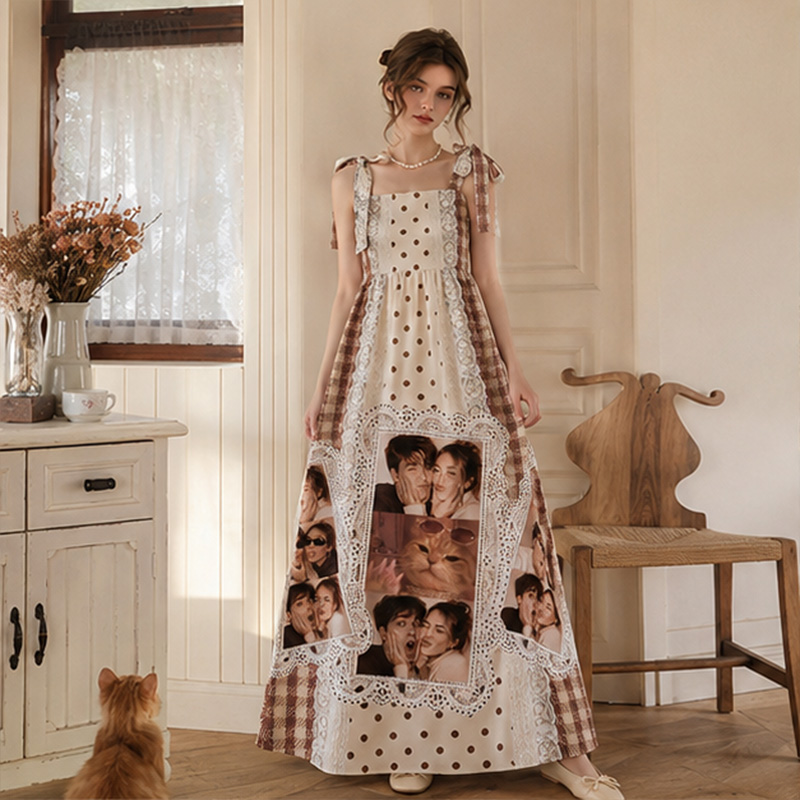 Personalized Photo Print Maxi Dress Tie-Shoulder Custom Name and Photo Summer Vacation Dress Vintage Lace Print Dress Gift for Girlfriend