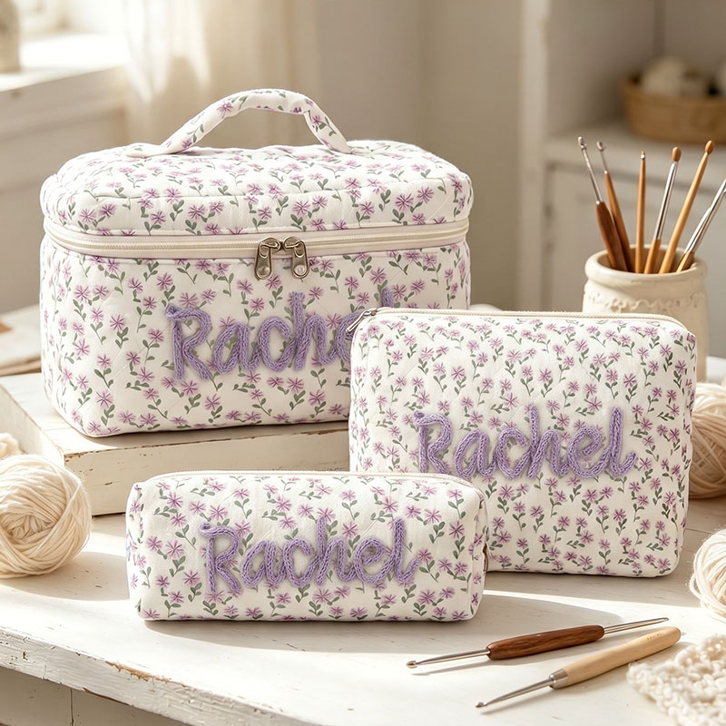 Personalized 3D Chenille Name Cotton Quilted Crochet Tool Storage Bag Large Small  Floral Crochet Tool Storage Bag Set Cute Coquette Pouch for Purse Aesthetic Cloth Flower Storage Bag Organizer