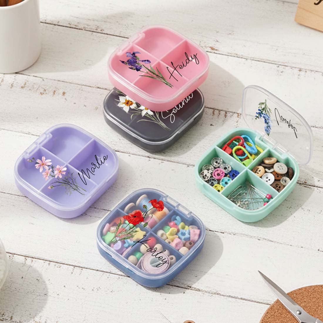Personalized Knitting Crochet Notions Case Mini Storage Box Custom Name with Birth Flower Crochet Tool Organizer 4 Compartments Multi Section Stitch Markers Point Protectors Tools Travel Compartments Case