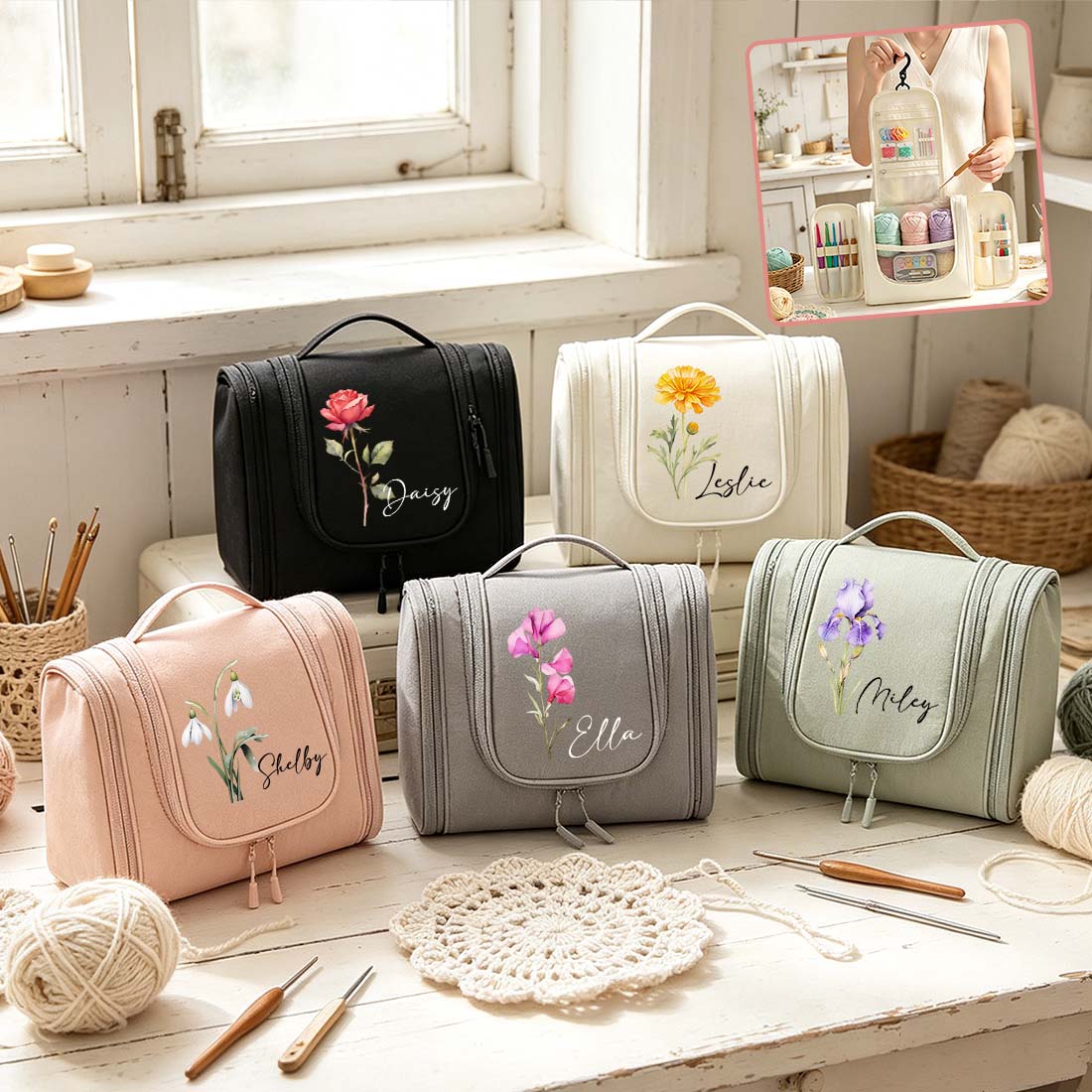 Personalized Crochet Storage Bag Water Resistant Crochet Storage Bag with Hanging Hook Custom Name with Birth Flower Crochet Tool Storage Bag Portable Storage Bag Large Capacity Multiple Pockets Organizer Bag