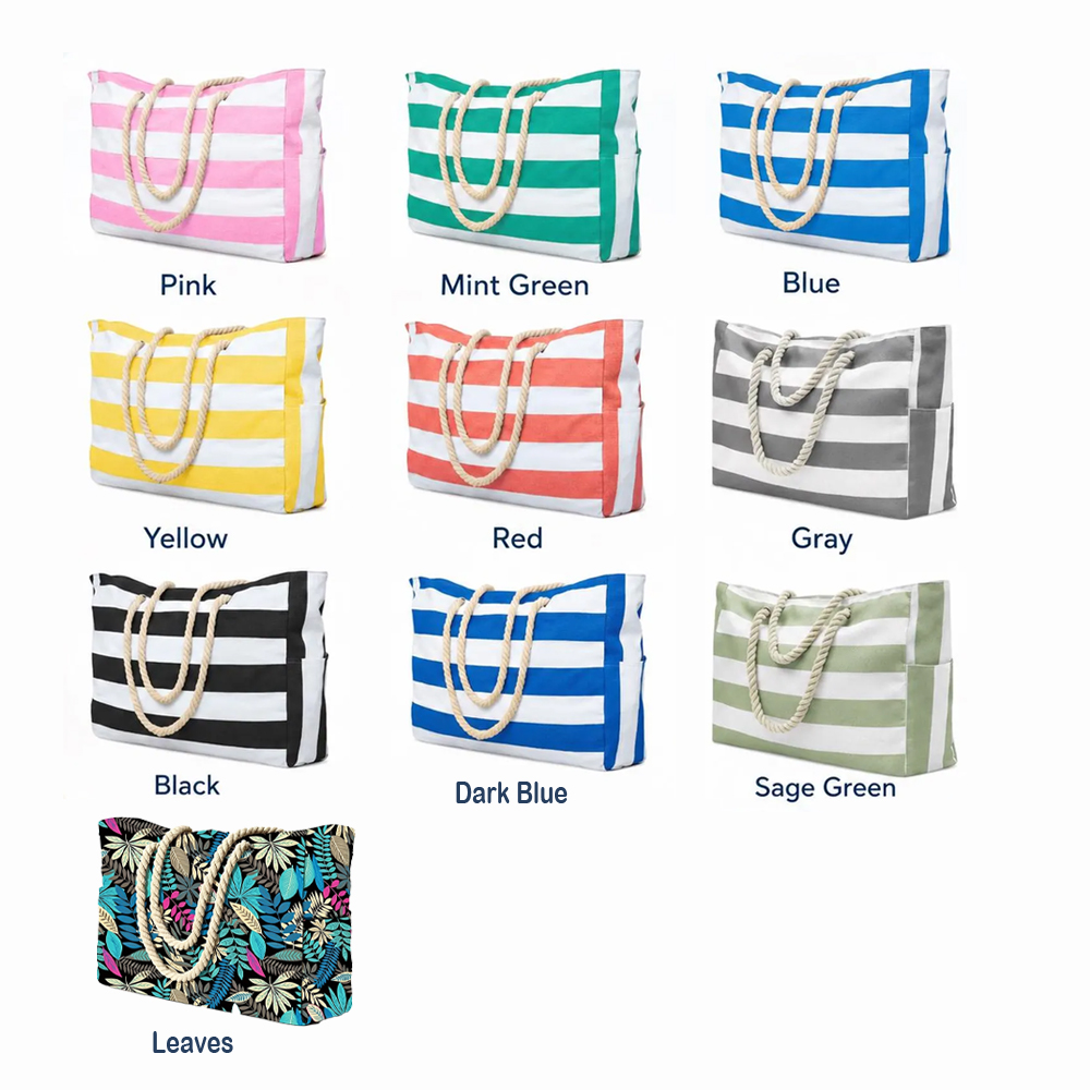  Personalized Waterproof Pool Tote Custom Beach Bag with Zipper Embroidered Girls Trip Striped Canvas Tote Bag Summer Vacation Gift for Her