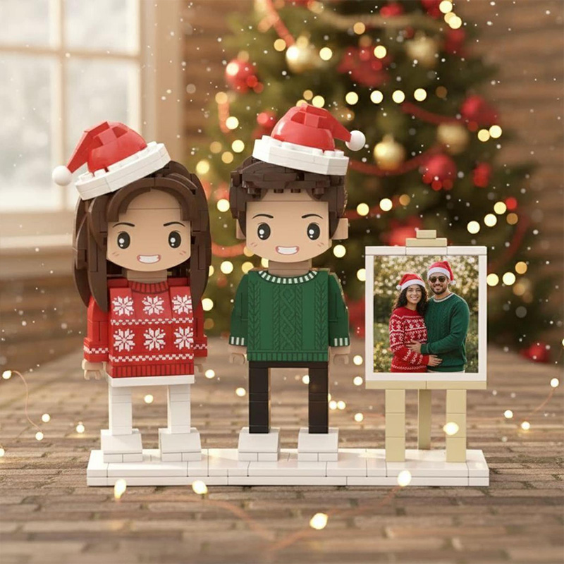 Personalized Brick Figure with Photo Custom Building Block Gift for Couple 2 Person Brick Figures with Easel Frame Personalized Building Block Brick Me Figure Photo Puzzle Toy Keepsake for Couples Friends