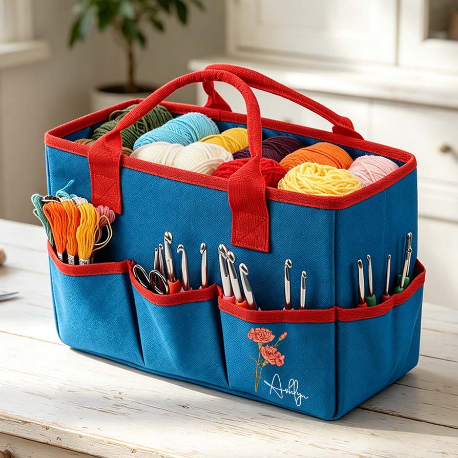Personalized Crochet Tool Storage Tote Bag Birth Month Flower Tote Bag Custom Name Premium Oxford Cloth Tote Reusable Storage Bags