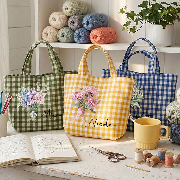 Personalized Crochet Tool Storage Tote Bag Gingham Tote Bag Custom Name Canvas Tote Reusable Shopping Bag