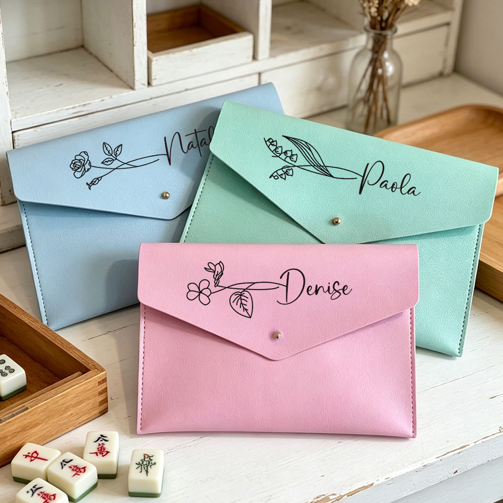 Mahjong Card Case Personalized Gift Monogram Holder Leather Clutch Card Storage Game Accessory Custom Name with Birth Flower