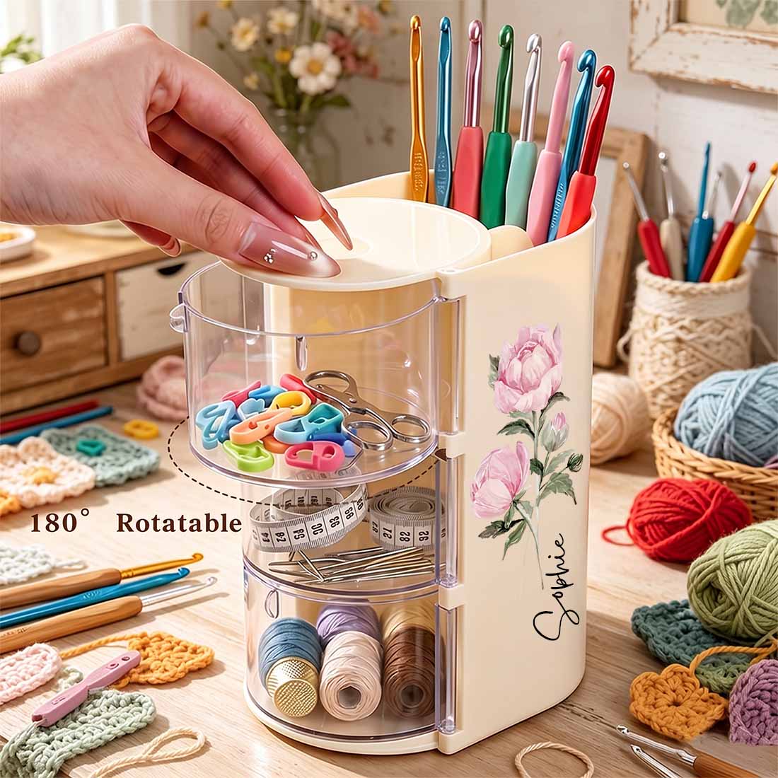 Rotary Crocheting Tools Storage Box Transparent Dust Multi Layer Square Crochet Tools Storage Rack