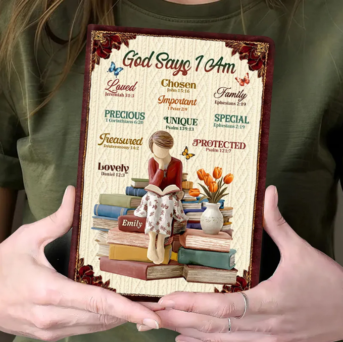 Personalized God Says I Am Leather Cover Notebook with Custom Name and Birth Flower Biblical Affirmations Journal Religious Christian Gift for Women