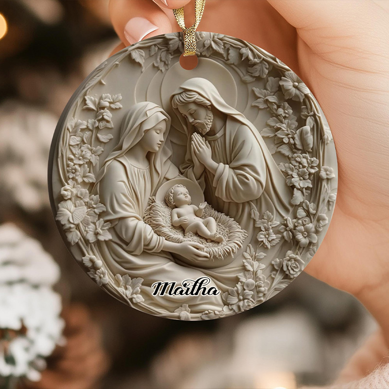 Personalized Nativity Ceramic Christmas Ornament for Christmas with Custom Name Religious Home Décor Faux 3D Holy Family Keepsake Christian Gift