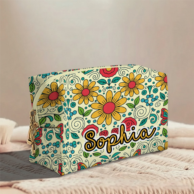 Personalized Multicolored Bright Sunflower Toiletry Bag Custom Name for Kids Travel Gifts and Daily Use
