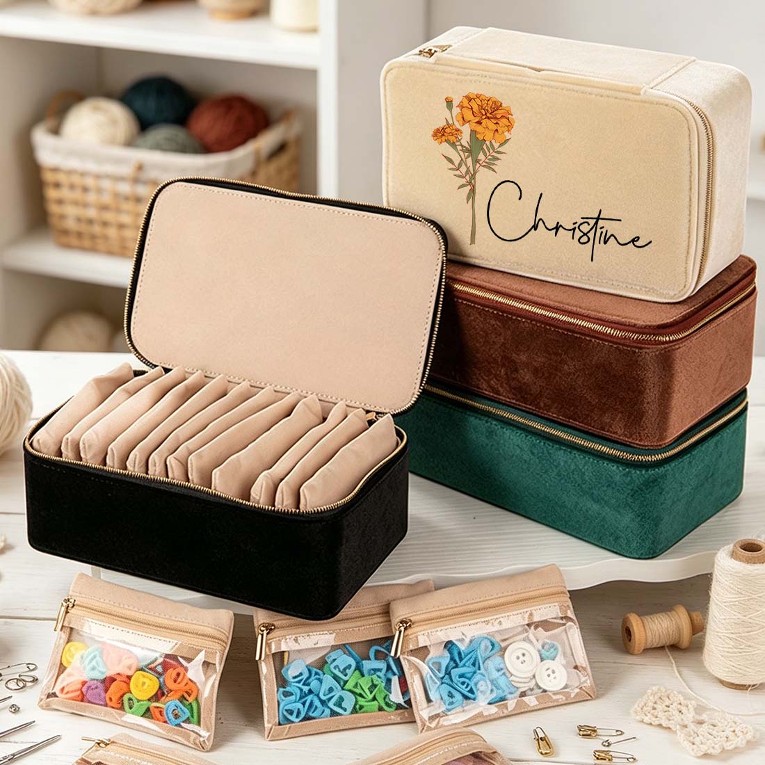 Personalized Plush Velvet Knitting Crochet Notions Case Box Portable Storage Box Section Stitch Markers Custom Name with Birth Flower