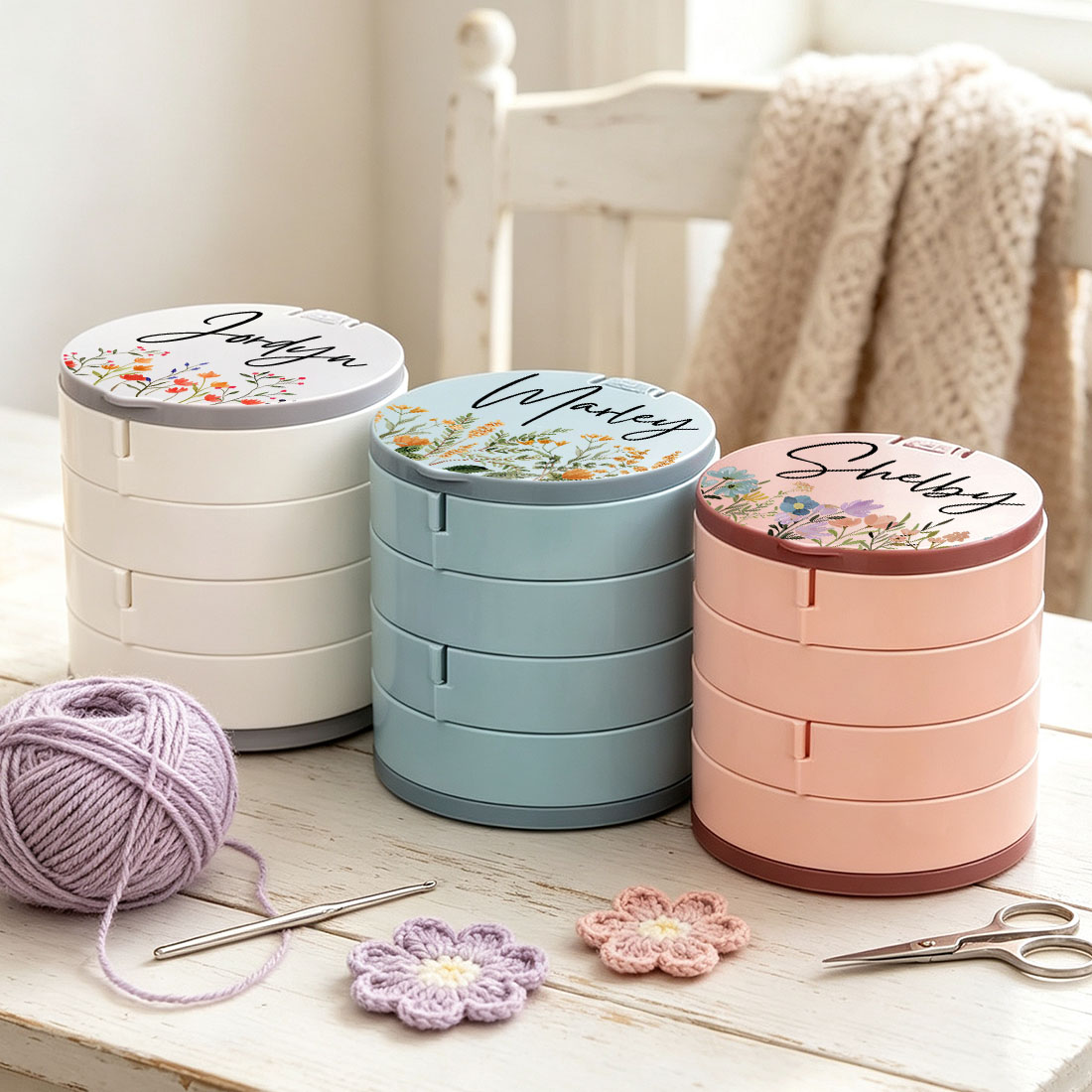 Personalized Knitting Crochet Notions Case Storage Box Rotating Multi-Layer Compartment Crochet Tool Case Custom Name with Flower