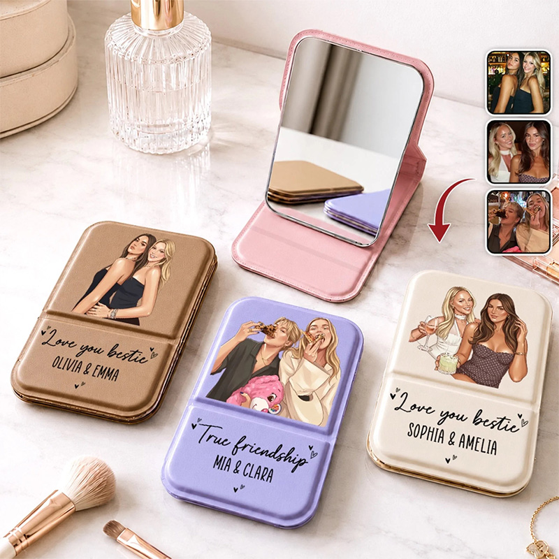 Personalized Love You Bestie Pocket Leather Mirror with Names Best Friend Photo Mirror Custom Unique Bestie Gift Bridesmaid Gift Wedding Bride Gift