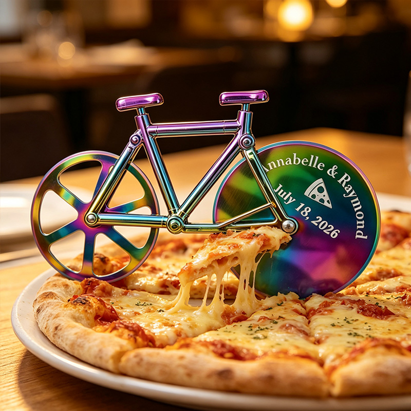 Personalized Bicycle Pizza Cutter Custom Engraved Dual Wheel Rose Gold Holographic Wedding Groomsmen Gift for Him Chef Couple Anniversary Gift