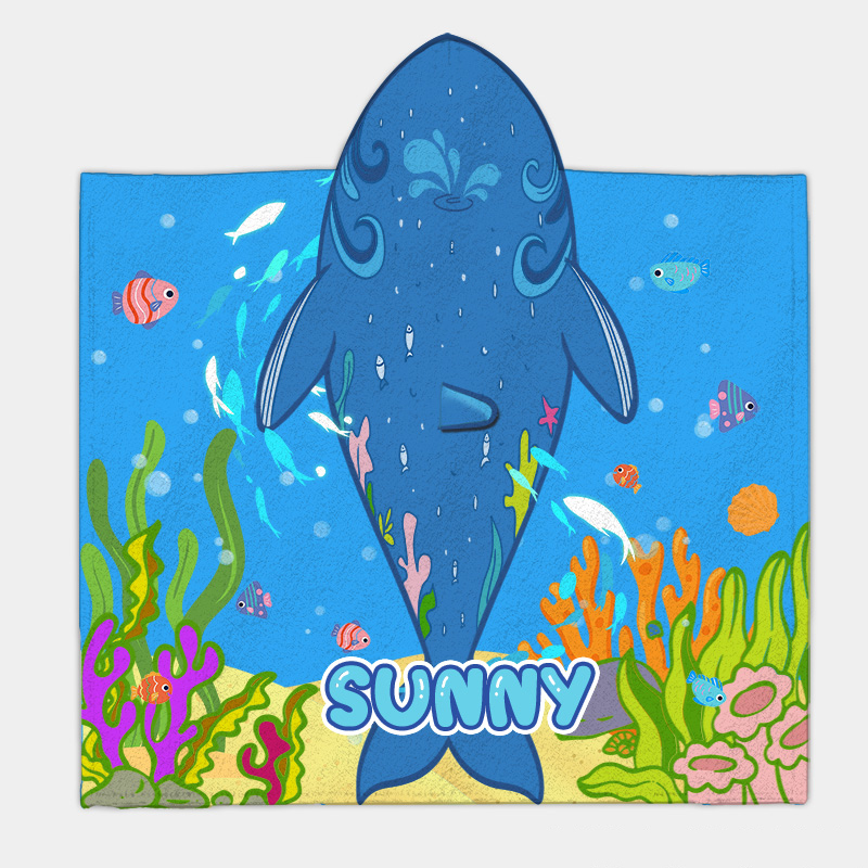 Personalized Ocean Explorer Whale Dolphin Print Hooded Blanket Custom Name Practical Fun Gift for Kids Indoor Outdoor