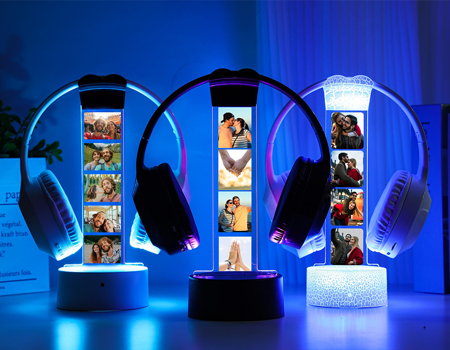 Personalized LED Headphone Stand with Lights,RGB Light Headset Holder,Custom Headphone Display with Photos,Gift for Boyfriend 