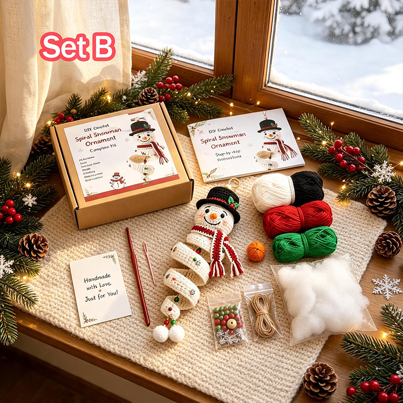 Christmas Crochet Ornament Kit, Soft Cotton Yarn DIY Spiral Santa Snowman Hanging Decor Material Pack, Holiday Craft Gift