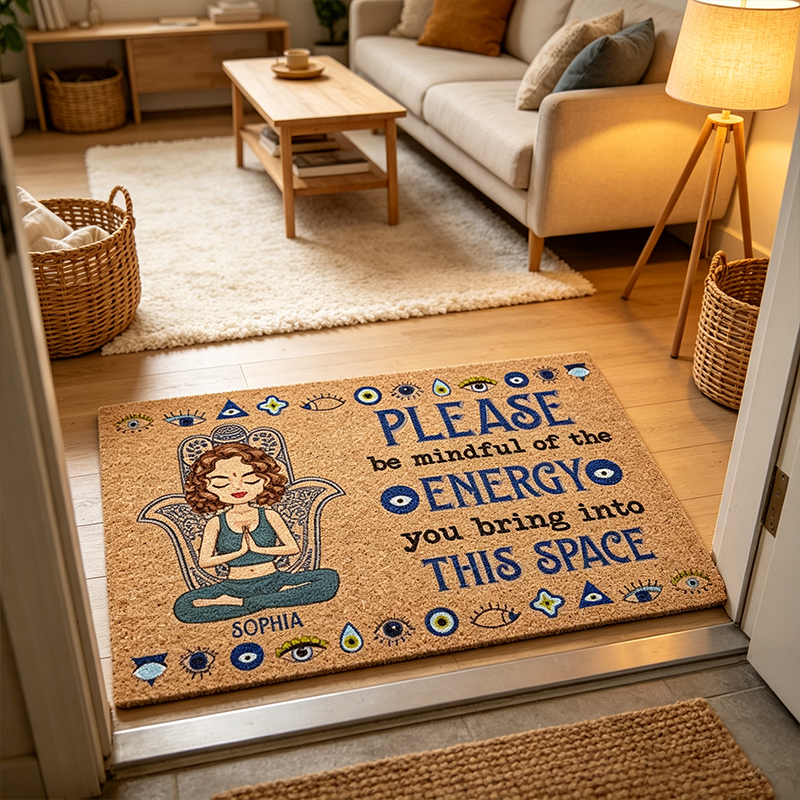 Personalized Please Be Mindful Of The Energy You Bring Into This Space - Birthday, Loving Gift For Yourself, Women, Yoga Lovers - Personalized Doormat