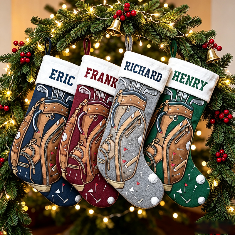 Personalized Golf Bag Christmas Stocking, Custom Name Golf Club Print Xmas Stocking with White Sherpa Cuff, Golf Lover Christmas Hanging Decor Gift for Golfer Dad