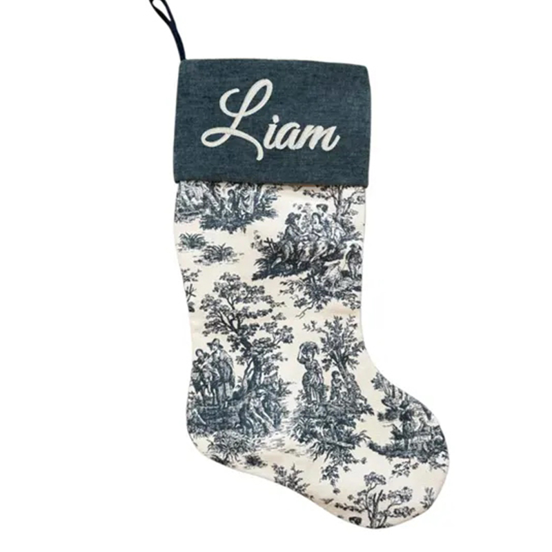 Personalized Toile Christmas Stockings Custom French Country Holiday Decor Farmhouse Stockings Elegant Monogrammed Name Stocking Family Christmas Gift