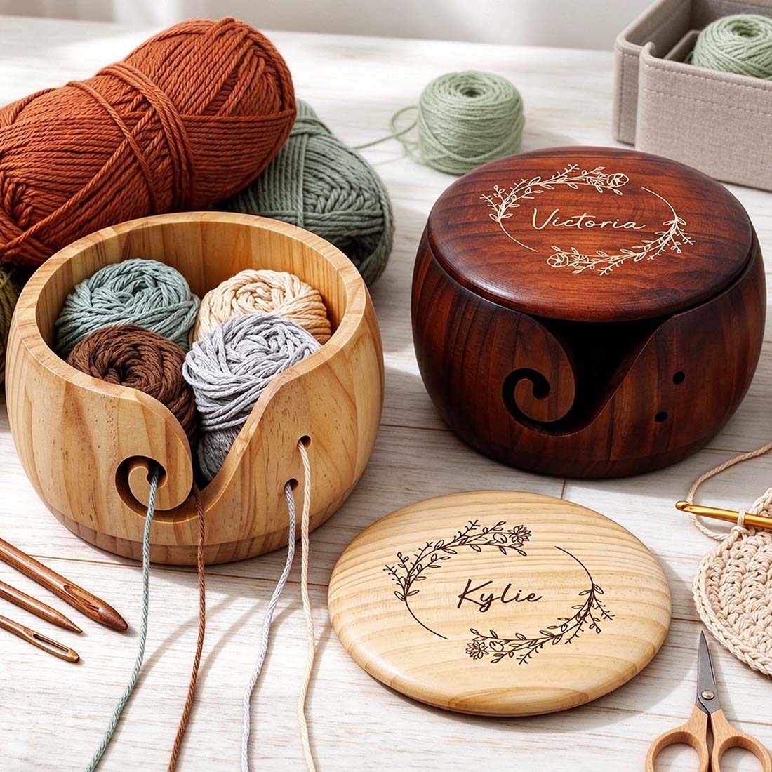 Personalized Birth Flower Wooden Yarn Bowl Custom Name Yarn Holder Yarn Lover Gifts