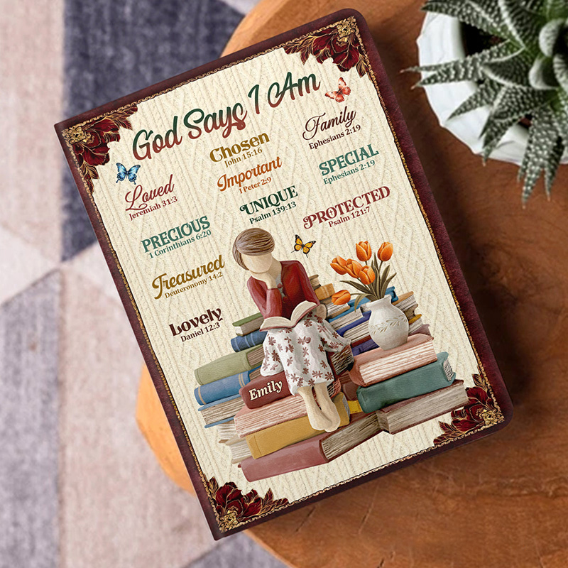 Personalized God Says I Am Leather Cover Notebook with Custom Name and Birth Flower Biblical Affirmations Journal Religious Christian Gift for Women