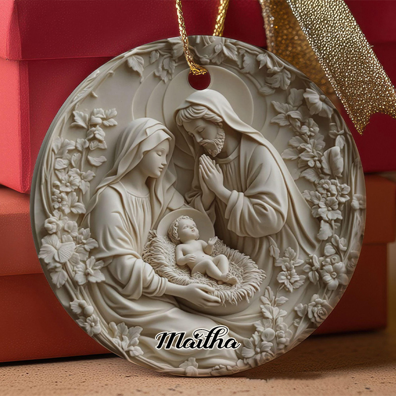 Personalized Nativity Ceramic Christmas Ornament for Christmas with Custom Name Religious Home Décor Faux 3D Holy Family Keepsake Christian Gift