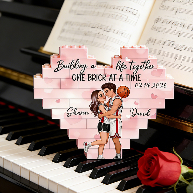 Personalized Basketball Couple Heart Building Block Building a Life Together One Brick at a Time  with Custom Names and Date Valentine's Day Gift