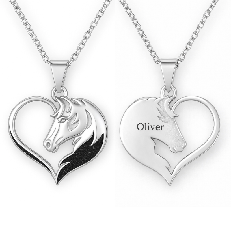 Personalized Horse Head Heart Pendant Necklace Custom Name Unique Holiday Gift for Couples