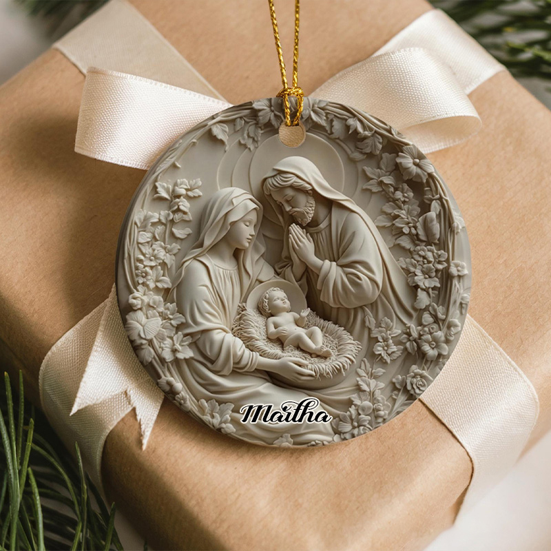 Personalized Nativity Ceramic Christmas Ornament for Christmas with Custom Name Religious Home Décor Faux 3D Holy Family Keepsake Christian Gift