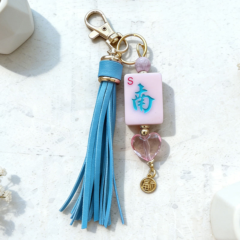 Handmade Mahjong Tile Bag Charm with Tassel Mixed Beads Mahjong Tile Keychain