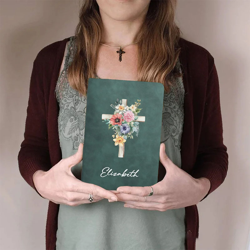 Personalized Watercolor Cross 1-5 Birth Flowers Prayer Journal Leather A5 Notebook with Name for Bible Study Birthday Gift Religious Gift for Women