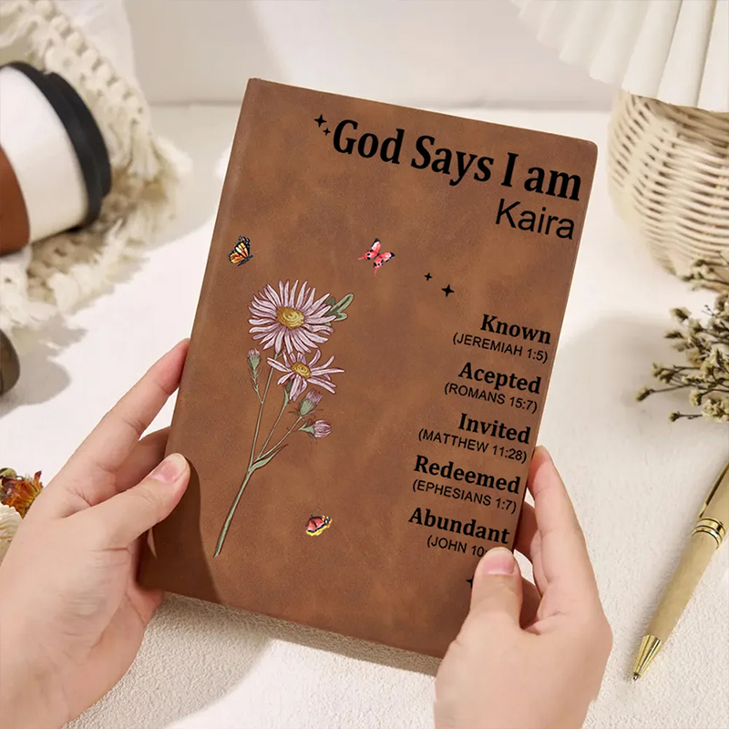 Personalized God Says I am Name Meaning on Bible Verse Prayer Journal Leather A5 Notebook with Name Baptism Thanksgiving Gift for Family Christians